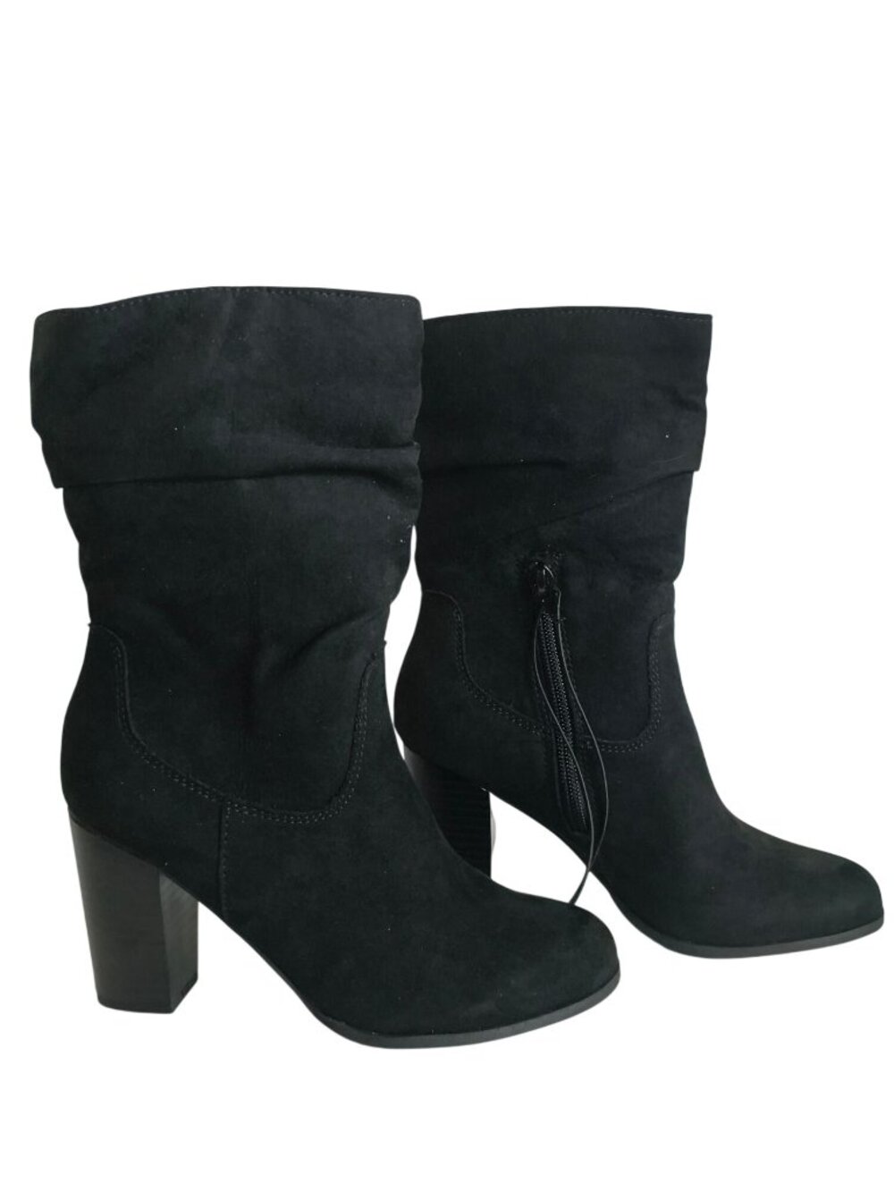 Style&Co 6M Saraa Slouchy Mid-Calf Boots Black Faux Suede Ruched Block Heel New